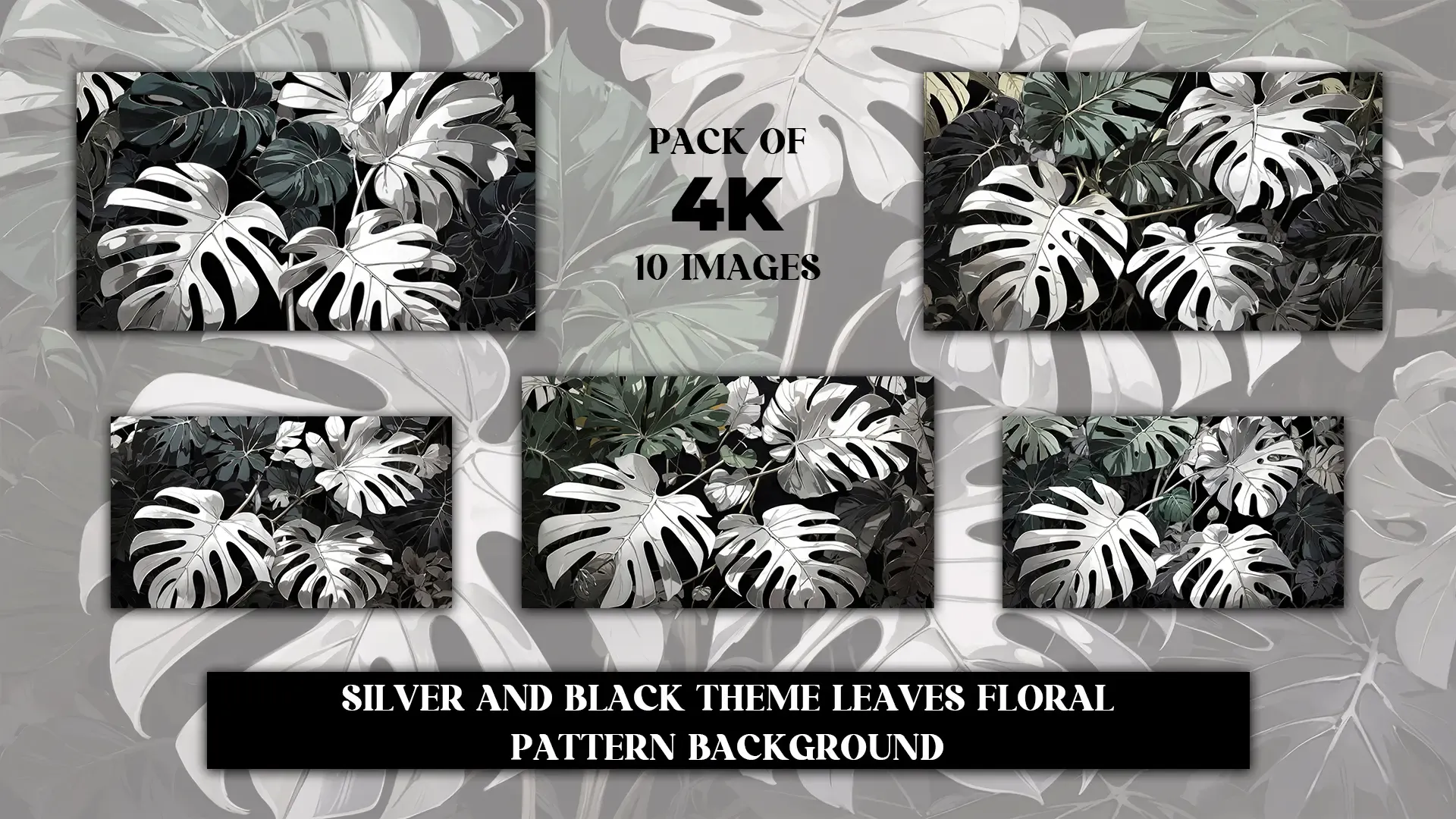 Luxury Silver and Black Leaves Pattern Nature Floral Background Pack image